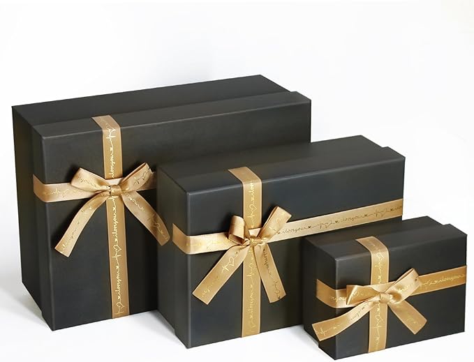 Airuisike Black Gift Boxes with Gold Ribbons & Bows - (3 Sizes) Sturdy Gift Boxes with Lids for Presents - Elegant Gift Wr...