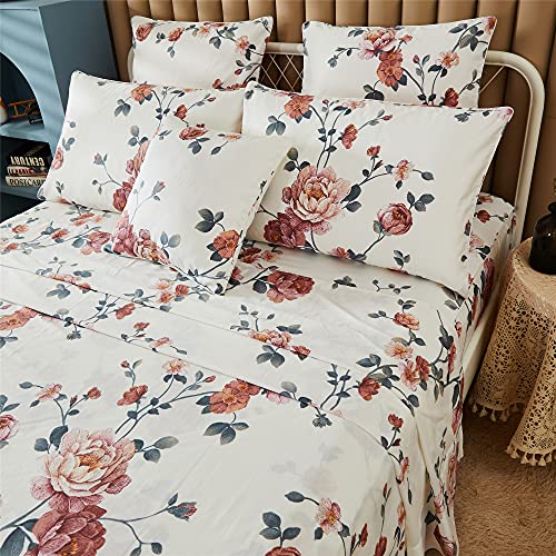 FADFAY Sheets Set Twin Shabby Beige Floral Bedding Elegant Peony Sheets Set Vintage Flower Bedding Collections Soft 100% E...