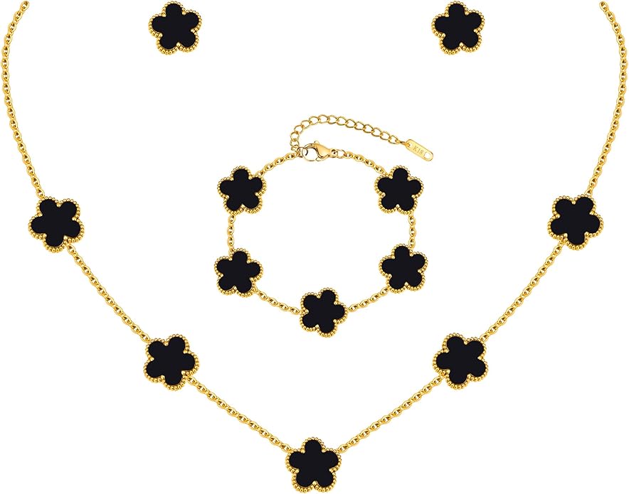 Gold Necklaces Bracelets Earring Set - 18K Gold Plated Flower Bracelet Chain,Stainless Steel Non Tarnish Floral Pendant St...