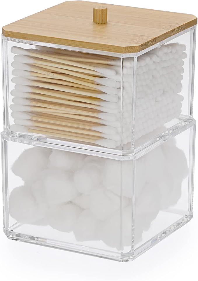 Hipiwe Clear Q-tip Dispenser Holder Acrylic Bathroom Containers 2-Tier Square Apothecary Jar with Lid Canister Cotton Swab...