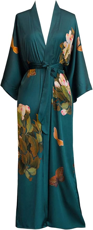 OLDSHANGHAI Luxury Kimono Robe for Women | Long Floral Robe | Original Design | Removable Waist Tie Closure
