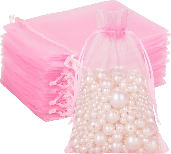 G2PLUS 25PCS Pink Drawstring Organza Bags 5x7 inches, Sheer Mesh Jewelry Pouches, Organza Gift Bags for Candy, Jewelry, We...