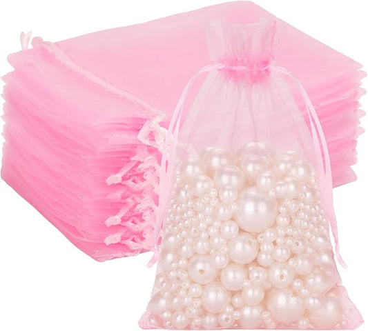 G2PLUS 25PCS Pink Drawstring Organza Bags 5x7 inches, Sheer Mesh Jewelry Pouches, Organza Gift Bags for Candy, Jewelry, We...