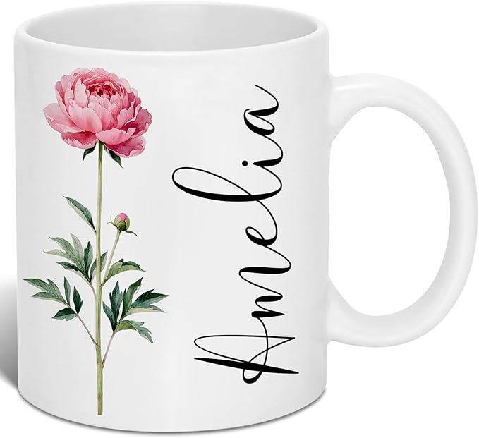 Custom Coffee Mug with Birth Flower & Name - 11oz Large Ceramic Personalized Coffee Cup for Women, Pretty Floral Tea Mugs ...
