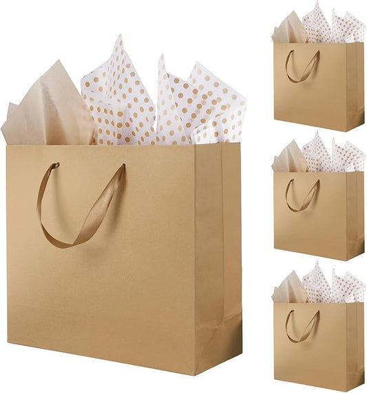 Plauthus Brown Gift Bags with Handles, 4 Pack Large Gift Bags with Tissue Paper, Kraft Paper Gift Bags for Shopping, Part...