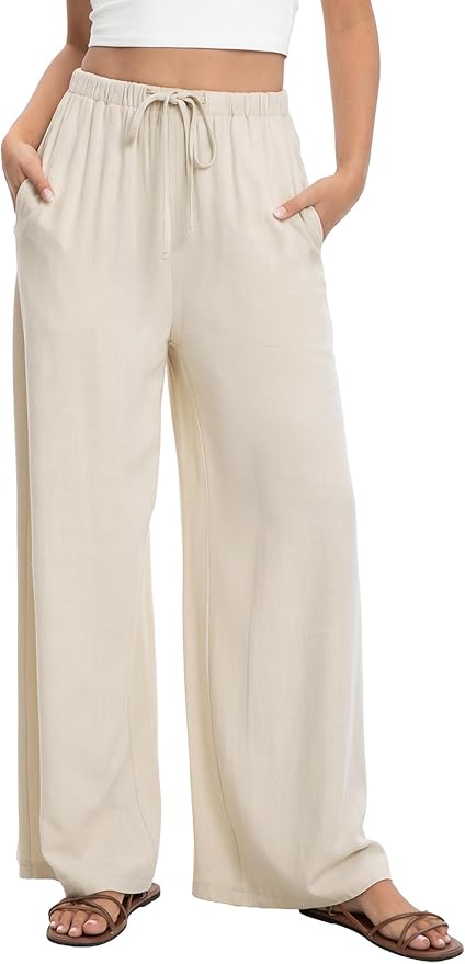 HONGTEYA Linen Pants for Women Wide Leg Palazzo Trousers Cotton Flowy Pants with Pockets for Summer Beach