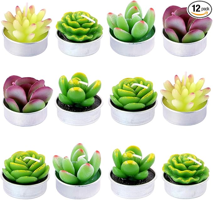 Swpeet 12Pcs Decorative Succulent Cactus Tealight Candles Kit, Cute Smokeless Succulent Plants Perfect for Candles Festiva...