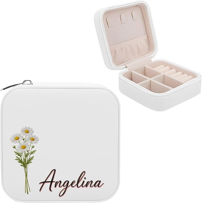 Personalized Birth Flower Jewelry Box for Women, Custom Name Leather Travel Jewelry Organizer Case, Mothers Day Gift for M...