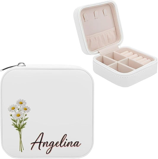 Personalized Birth Flower Jewelry Box for Women, Custom Name Leather Travel Jewelry Organizer Case, Mothers Day Gift for M...