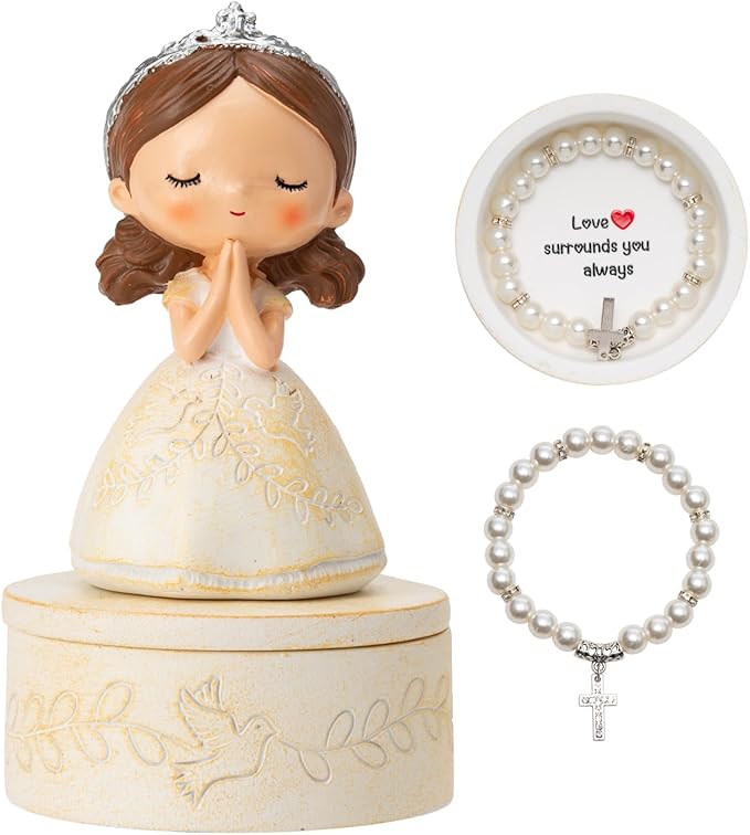 First Communion Gift Set for Girls - Resin Prayer Girl Figurine with Dove & Olive Branch Design, White Religious Keepsake ...
