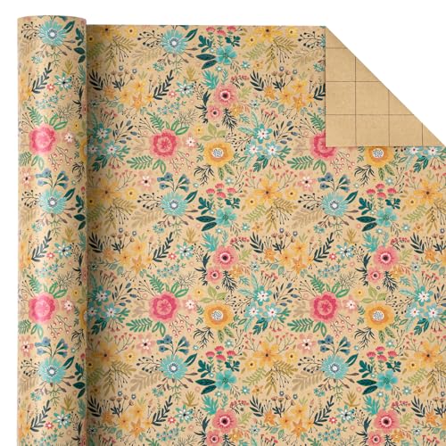 WRAPAHOLIC Kraft Floral Wrapping Paper Roll - Mini Roll - 17 Inch x 9.8 Feet - Spring Summer Garden Flower Design Perfect ...