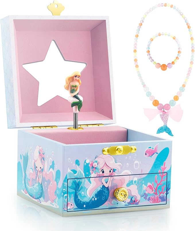 RR ROUND RICH DESIGN Kids Musical Jewelry Box for Girls Include Drawer and Pretty Jewelry Set with Cute Mermaid Theme - Be...