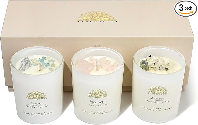 AVACONCEPT Amethyst & Smoky Quartz Crystal Candle Gift Set - 2-Pack Hand-Poured Soy Wax - Lavender Vanilla & Sea Salt Drif...