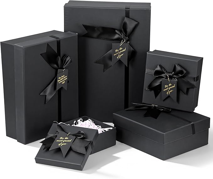Afgaogw 5 Pack Black Nesting Gift Boxes with Lid, 5 Sizes Luxury Wrapping Boxes with Ribbon Bows & Label for Valentine's D...