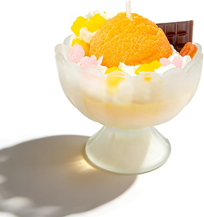 Decorative Ice Cream Sundae Candle, Mango Coconut Scented, White Bowl Design with Orange Topping