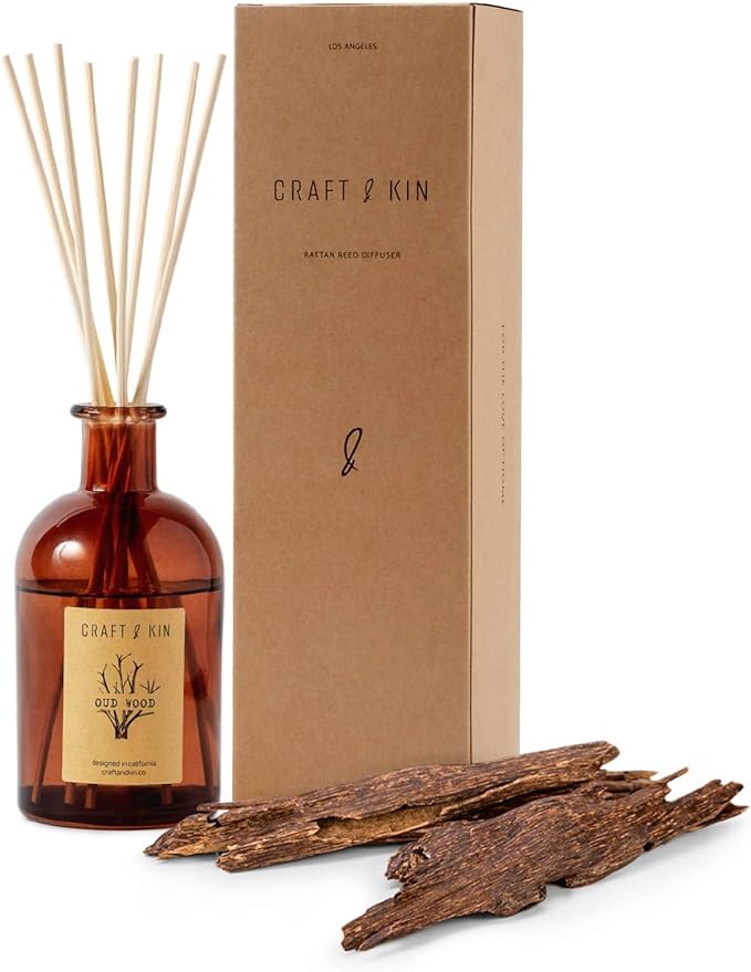 Craft & Kin Oud Wood Diffuser Reed Diffuser | All Natural Essential Oil & 8 Rattan Scent Sticks | Reed Diffusers for Home,...