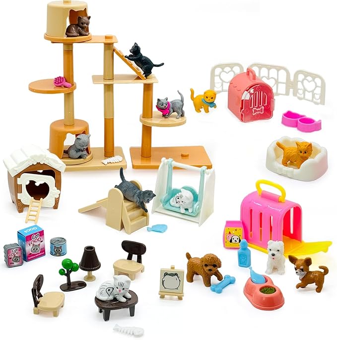60PCS Realistic Cat & Dog Figures Playset - Educational Pet Pretend Play Toys for Kids Ages 3+, Role Play Kit with Animal ...