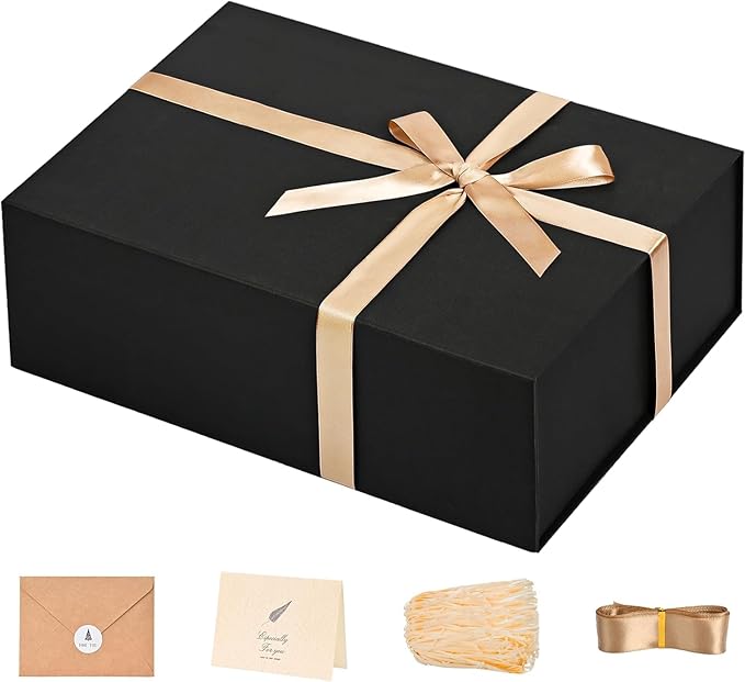 LIFELUM Gift Box 13.5''x10''x4'' Large Gifts Box with Magnetic Lids Black Gift Boxes for Mom Gifts Contains Card, Ribbon, ...