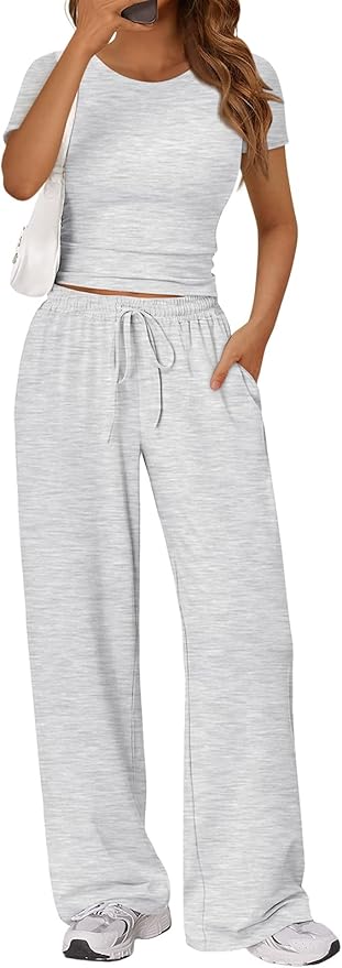Trendy Queen 2 Piece Matching Summer Sweatsuit Lounge Set Womens Wide Leg Pants Side Ruching Crop Top Sets