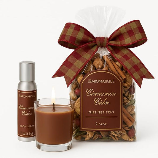 Aromatique Cinnamon Cider Gift Set Trio – Decorative Fragrance 2 oz, Room Spray 2 oz & Votive Candle 2.7 oz – Cinnamon, Ap...