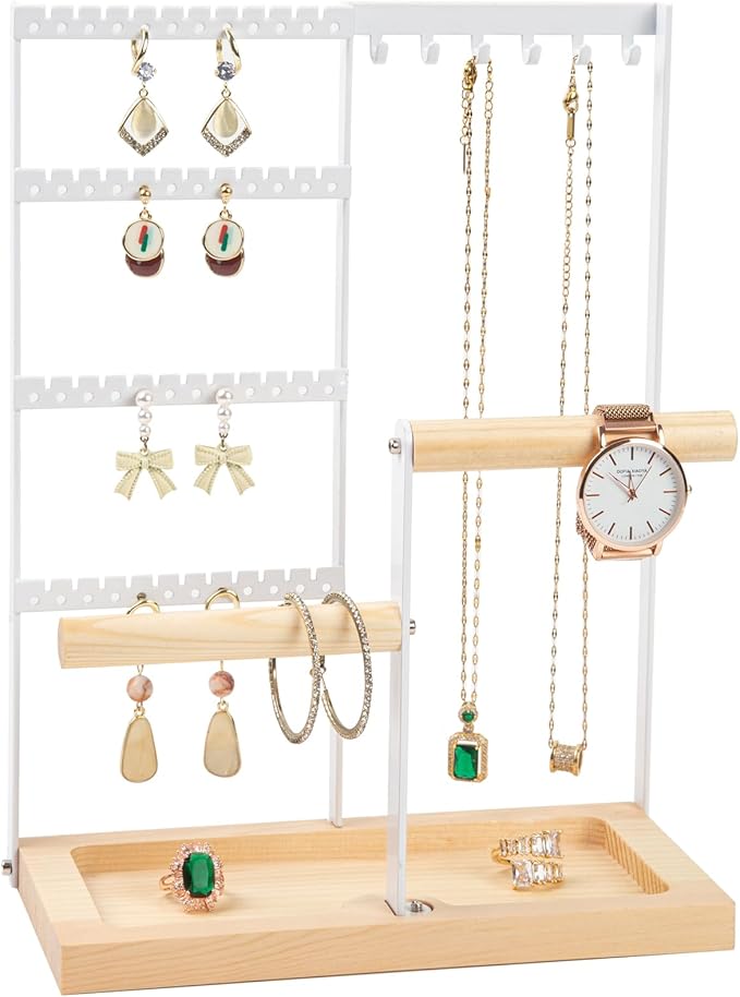 Jewelry Organizer Stand, Jewelry Holder, Lengnoy 4 Tier Earring Holder with 48 Holes and 6 Hooks Necklace Organizer Wood B...