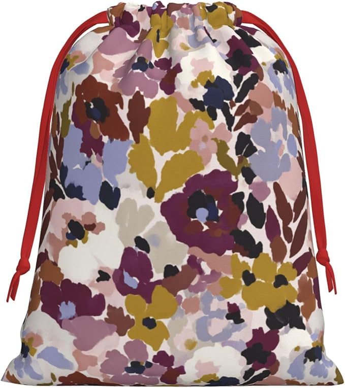 Hayyett Abstract Floral Motif Flower Soft Velvet Christmas Drawstring Bag Reusable Wrapping Sack Xmas Party Present Bag