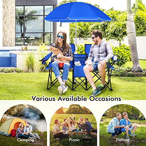 COSTWAY Double Portable Picnic Chairs, Folding Camping Chairs w/Detachable Umbrella, Cooler Bag, Cup Holders, Patio Beach ...