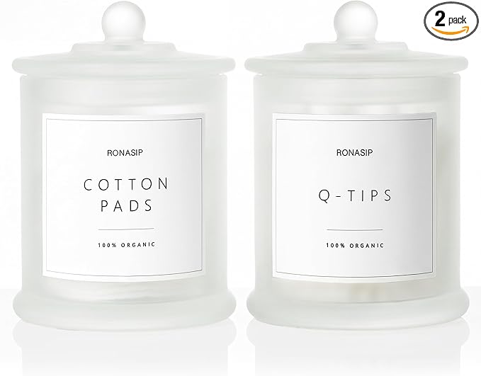 Ronasip Qtip Holder & Cotton Pad Dispenser, Bathroom Organizer and Storage Canisters, 16oz Glass Apothecary Jars for Kitch...