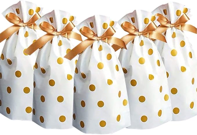 Elwish 24pcs Treat Bags Party Favor Bags Gold Plastic Drawstring Candy Goodies Food Storage Bags Gift Wrapping Package
