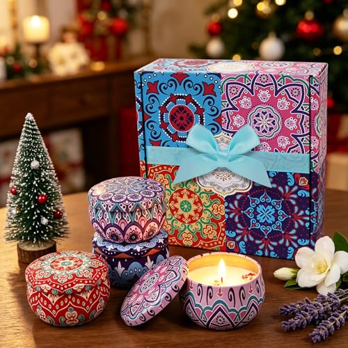 4 Pack Scented Candles for Mom, Aromatherapy Small Candles Gift Set with 8% Essential Oils, Natural Soy Candle with Floral...