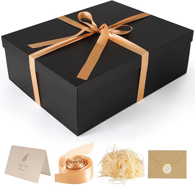 Gift Box, 16.5x13x5.5 inches Large Black Gift Boxes with Lids for Presents, Birthday Box Contains Card Ribbon Shredded Pap...