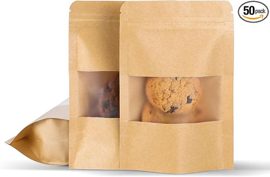 50 Pcs 4x6 Inch Kraft Paper Bags with Transparent Window, Stand Up Pouches,Smell Proof Bags,Resealable Bags for Small Busi...