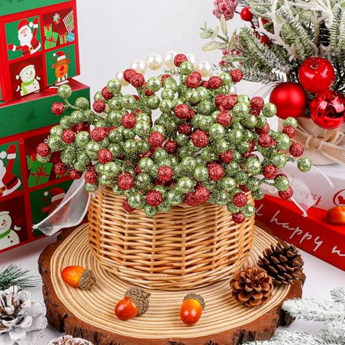 Fangoo 20 Pack 7 Inch Artificial Green Red Berry Picks for Christmas Tree Burgundy Green Red Berries Stems Holly Berry Bra...