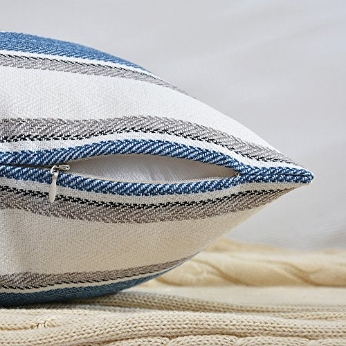 NATUS WEAVER Navy Pure White Stripe Pillow Cases Soft Linen Square Decorative Throw Cushion Cover Pillowcase with Hidden Z...