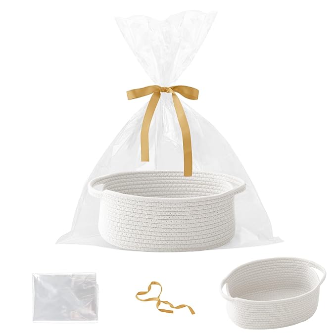 HZFTJOY Small Woven Rope Basket-Empty Gifts Basket with Bag and Ribbons,Cute Handle Organizer Box for Birthday/Baby Showe...