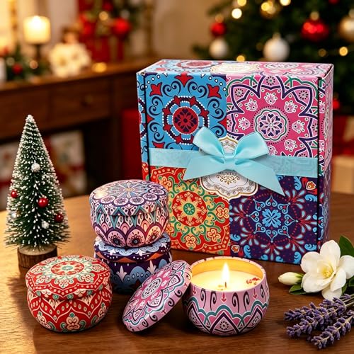 4 Pack Scented Candles for Mom, Aromatherapy Small Candles Gift Set with 8% Essential Oils, Natural Soy Candle with Floral...