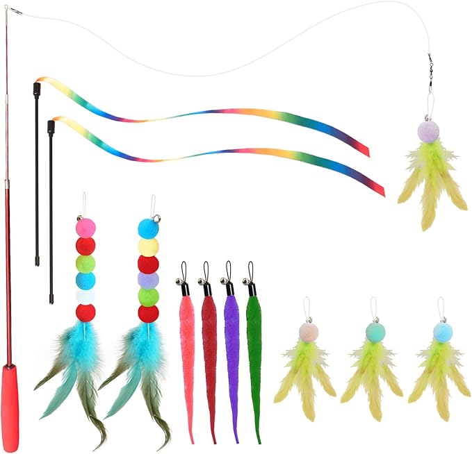 YULOYI Cat Toys for Indoor Cats, 13 Packs Interactive Cat Wand Toy Set with Feather Toys & Teasers, Fun Cat Toys for Exerc...