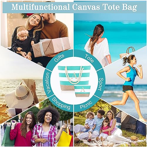 YOOLIFE Initial Canvas Waterproof Beach Tote Bag Zipper Personalized Gifts for Women Her Birthday Travel Beach Essential