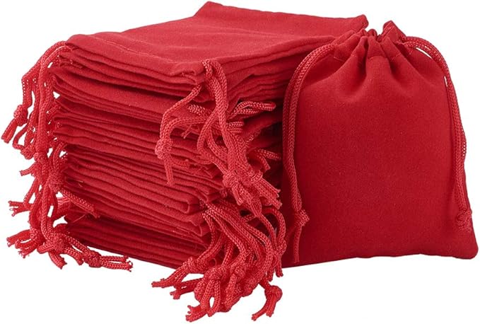 FASHEWELRY 100 Pack Red Velvet Drawstring Bags 3.6 x 2.8 inch Christmas Candy Gift Bags Mini Jewelry Storage Present Packa...