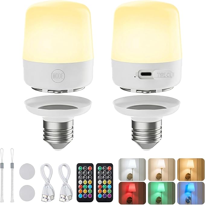 Minetom E26 Rechargeable Light Bulbs with Remote and Timer, Battery Backup Bulb with 12 Colors and Brightness Dimmable, 23...