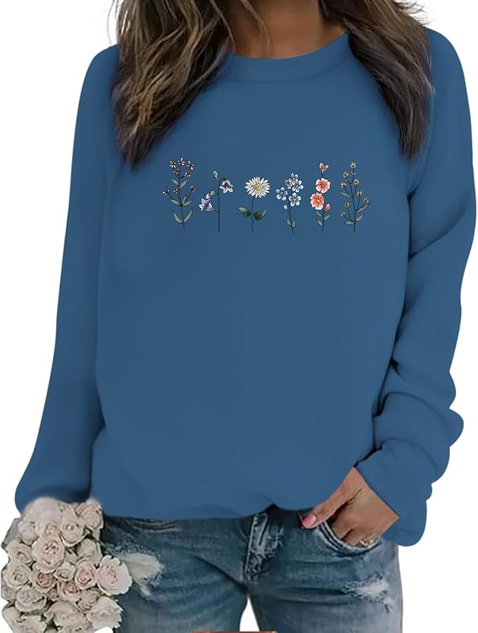 Lytiarul Flower Graphic Sweatshirt for Women Floral Printed Vintage Long Sleeves Shirt Crewneck Hoodie Loose Pullovers Tops