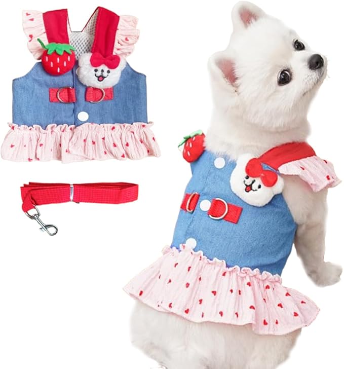 ANIAC Denim Dog Dress Harness with Leash Set Cute Small Dogs Clothes Girl Heart Patterns Puppy Dresses Breathable Mesh Cat...