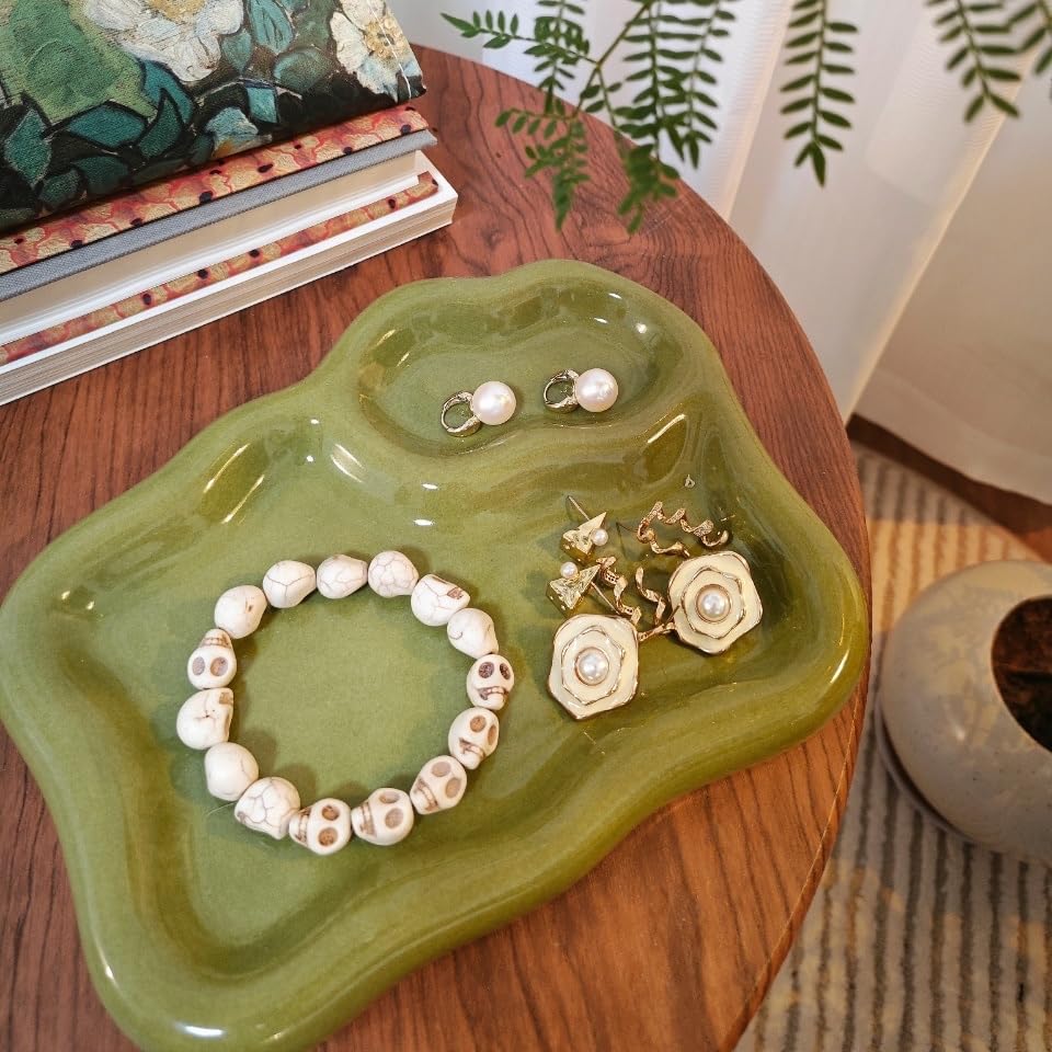 LORVOR Green Ceramic Jewelry Tray Dish Large-sized Display Organizer Trinket Watch Keys, Dressing Table Decor Aesthetic Di...