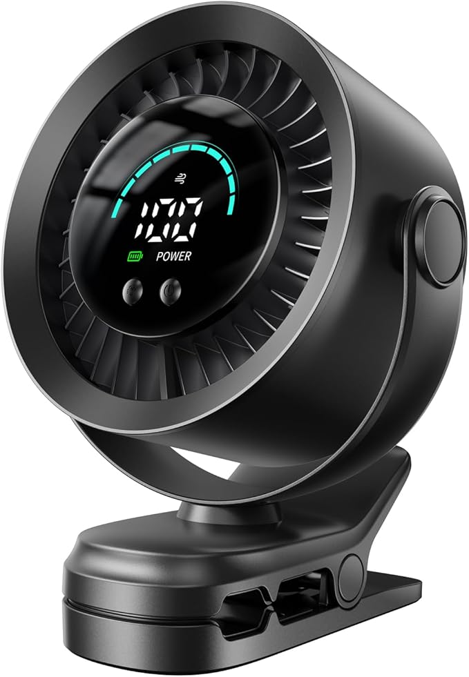 KIMMOO Portable Clip on Fan, 100-Speed Rechargeable USB Fan with LED Display, 360° Rotation & Strong Airflow Desk Fan, Up ...