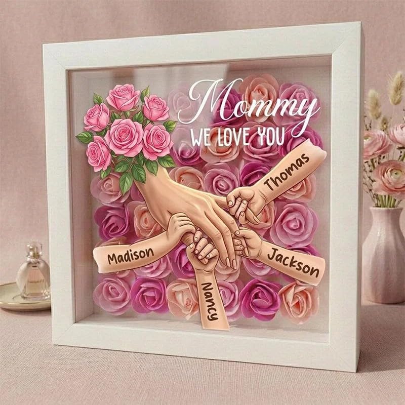 CUSTNEY Personalized Flower Shadow Box Mom Holding Hands- Custom Name &Text Memorial Frame for Mothers' Day, in Loving Mem...