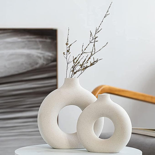 White Ceramic Vases- 2 for Modern Home Decor, Round Matte Boho Vase for Decor, Ceramic Minimalist Nordic Style for Wedding...