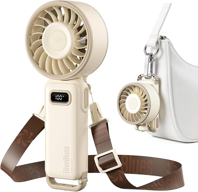 Diveblues Portable Handheld Fan, 7.4m/s High Speed Turbo Fan, 180° Foldable 4-in-1 Personal Neck Fan Carabiner Clip, 100 S...