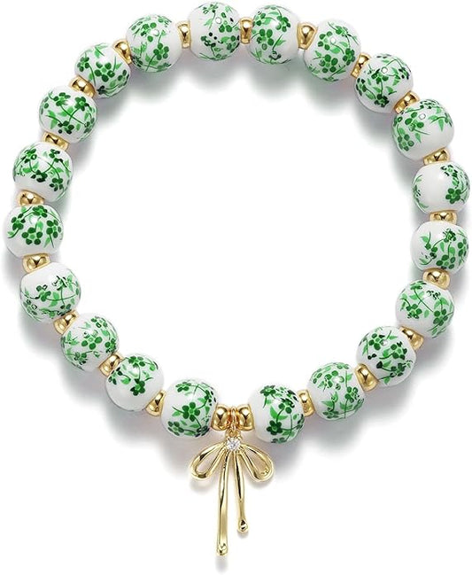 Beads Bow Charm Bracelet for Women Flower Vintage Bracelet Handmade Stretch Beaded Dainty Romantic Jewelry Gifts