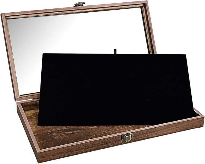 MOOCA Wooden Jewelry Display Case with Tempered Glass Lid and Removable Black Luxurious MDF Velvet Jewelry Display Pad, Po...