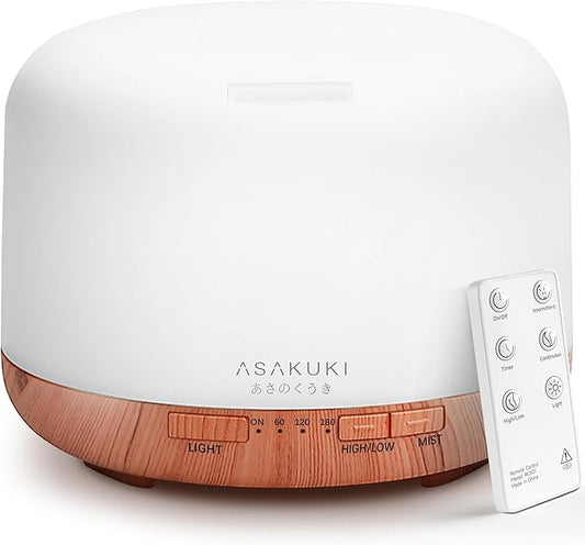 ASAKUKI Essential Oil Diffuser for Home, 500ML Aromatherapy Diffuser Humidifier with Remote Control, 7 Color LED Lights, Q...